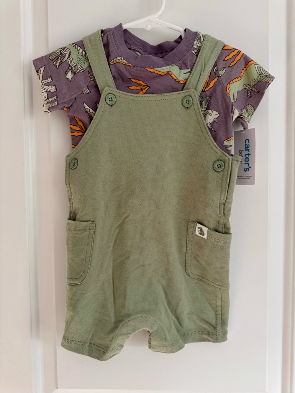 NWT Carter's Olive Green Overalls with Purple Dinosaur Tee
